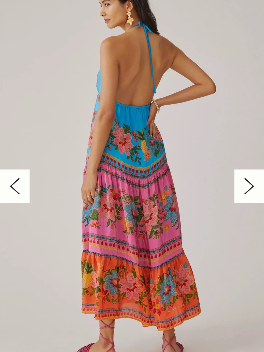 Farm Rio x Anthropologie Halter Tiered Maxi Dress Open Back Printed M - Picture 5 of 11